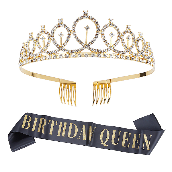 PandaHall Iron with Glass Rhinestone Birthday Crown Shoulder Strap Sets, Tiara Crown Headpieces with Sash, Birthday Gifts, for Girl Birthday
