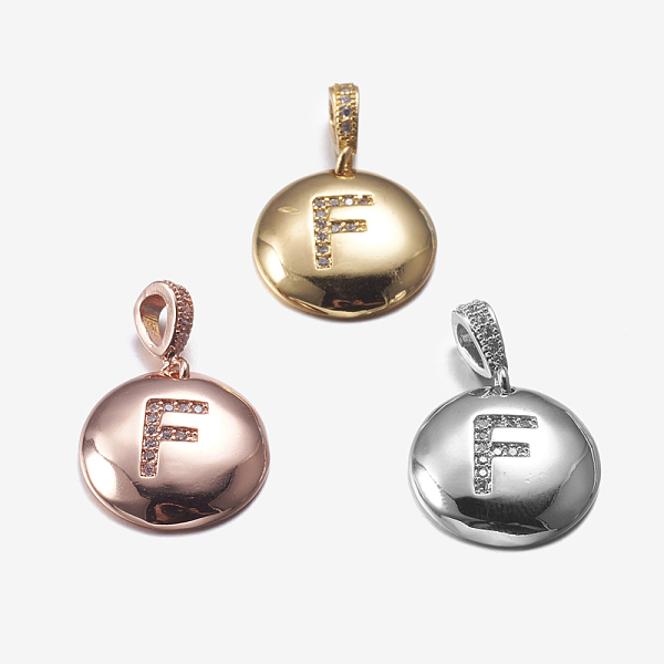 

PandaHall Brass Pendants, with Cubic Zirconia, Cadmium Free & Lead Free, Flat Round with Letter, Mixed Color, Letter.F, 22mm, Hole: 2x3mm...