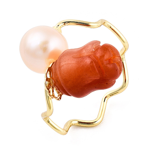 

PandaHall Natural Pearl with Jade Flower Open Cuff Ring, Brass Jewelry for Women, Real 14K Gold Plated, US Size 8(18.1mm) Pearl Red