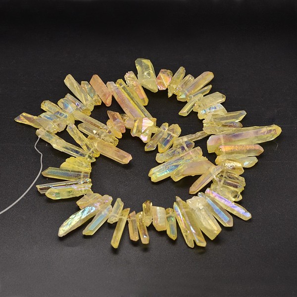 

PandaHall Electroplated Natural Quartz Crystal Beads Strands, Nuggets, Tusk Shape, AB Color, Dyed, Champagne Yellow, 7~15x18~60mm, Hole: 1mm...