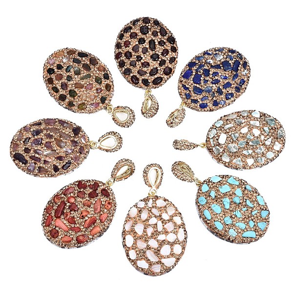 

PandaHall Polymer Clay Rhinestone Pendants, with Gemstone Chip/Natural Shell Chip and PU Leather, Oval, Golden, PP12(1.8~1.9mm)..., Yellow