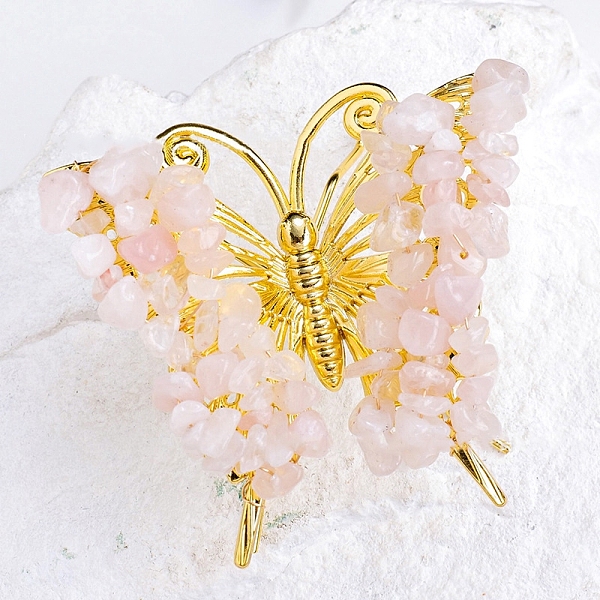 

PandaHall Raw Natural Rose Quartz Chip Mineral Specimen Display Decorations, with Butterfly Metal Holder, for Home Desktop Feng Shui...