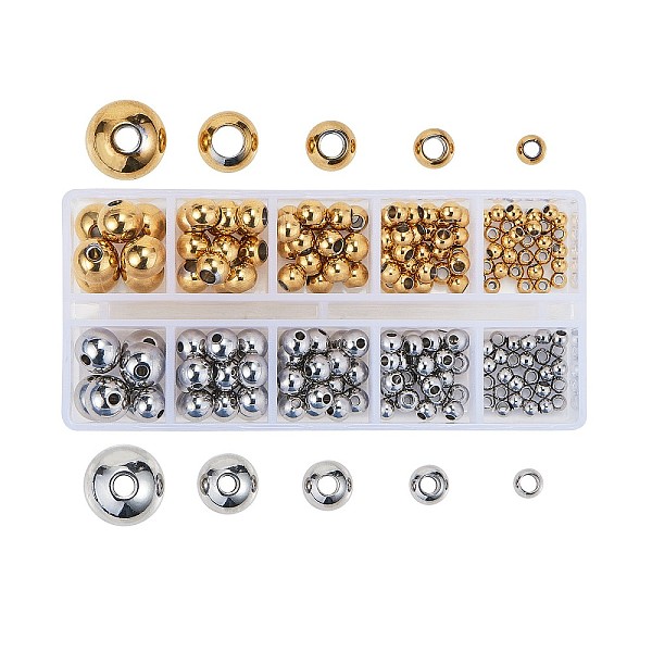 

PandaHall 304 Stainless Steel Beads, Round, Golden & Stainless Steel Color, 210pcs/box 304 Stainless Steel Round