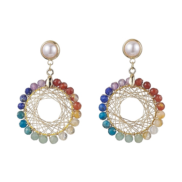 

PandaHall Chakra Copper Wire Wrapped Gemstone Stud Earring, Brass Dangle Earrings for Women, 50x32mm Mixed Stone Flat Round