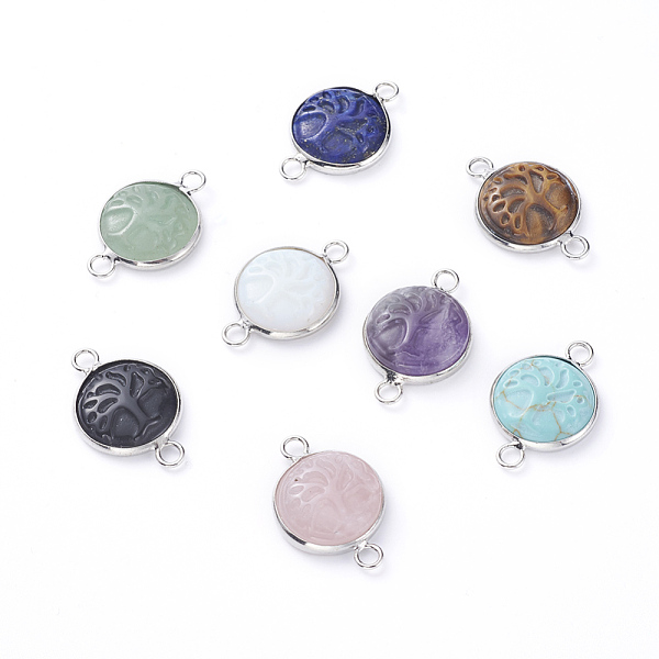 

PandaHall Natural & Synthetic Mixed StoneLinks connectors, with Platinum Tone Brass Cabochon Connector Settings, Flat Round with Tree...
