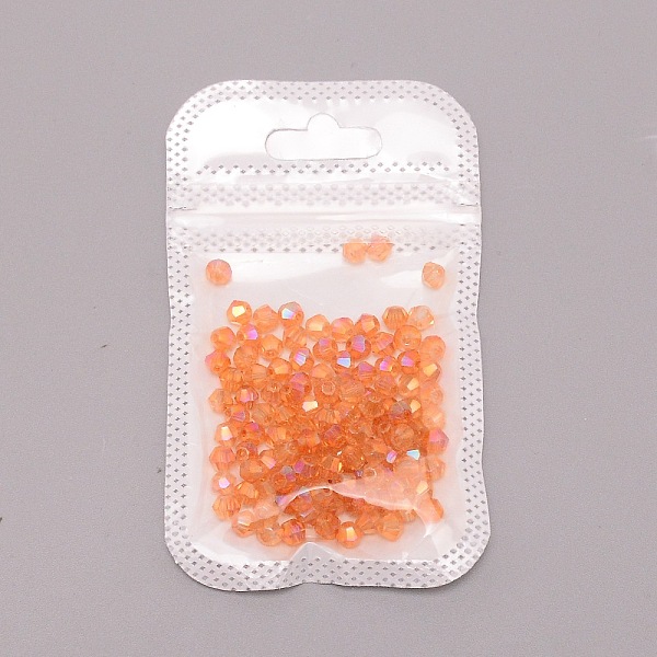 

PandaHall Electroplate Glass Beads, Half AB Color Plated, Faceted, Bicone, Coral, 3.5~4x4~4.5mm, Hole: 0.9~1mm, 100pcs/bag Glass Bicone Red