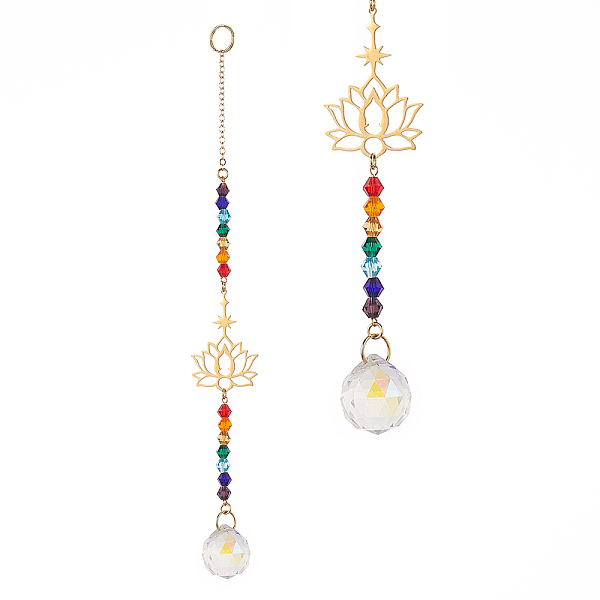 

PandaHall AB Color Teardrop Glass Suncatchers, with 201 Stainless Steel Lotus and Colorful Glass Bead, Wall Pendant Hanging Ornament for...