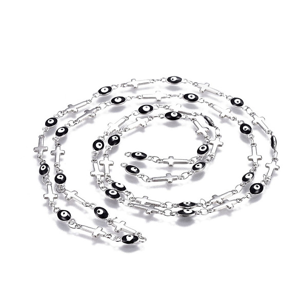 PandaHall 304 Stainless Steel Enamel Chains, Soldered, Cross and Oval Evil Eye, Stainless Steel Color, Black, 13.5x5x1mm Stainless...
