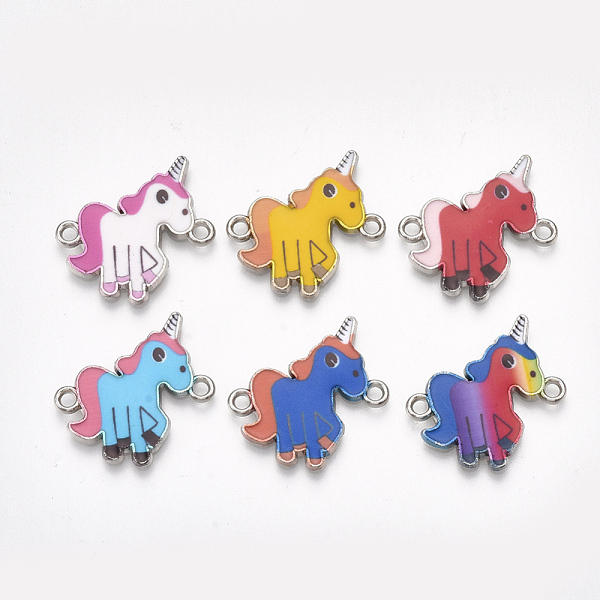 PandaHall Printed Alloy Links connectors, with Enamel, Unicorn, Mixed Color, 22x18.5x2mm, Hole: 1.8mm Alloy Unicorn Multicolor