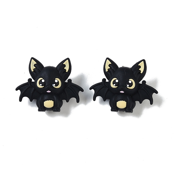 Halloween Theme Silicone Focal Beads, Bat, Black, 28.5x35.5x16mm, Hole: 2mm