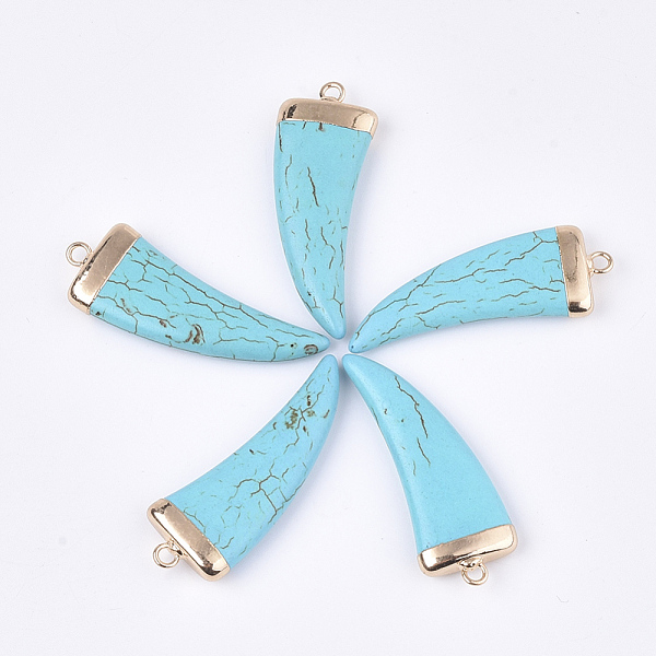 

PandaHall Electroplate Synthetic Turquoise Pendants, with Brass Findings, Dyed, Scabbard/Tusk Shape, Golden, 43~44x15~16x5~6mm, Hole: 2mm...