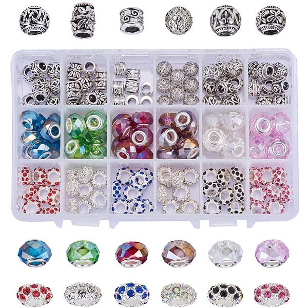 1 Box of 144 Pcs European Charm Bracelet Making Kits-Brass & Alloy Rhinestone &Glass European Beads with Large Hole Fit Snake Style Charm...