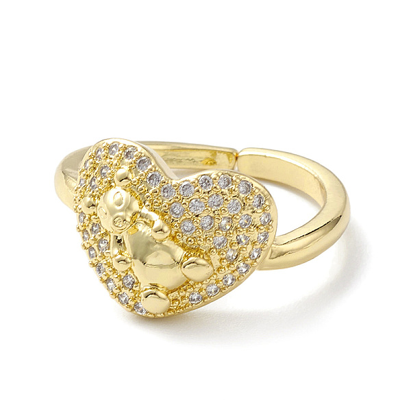 

PandaHall Clear Cubic Zirconia Heart with Bear Cuff Ring, Rack Plating Brass Jewelry for Women, Lead Free & Cadmium Free, Real 18K Gold...