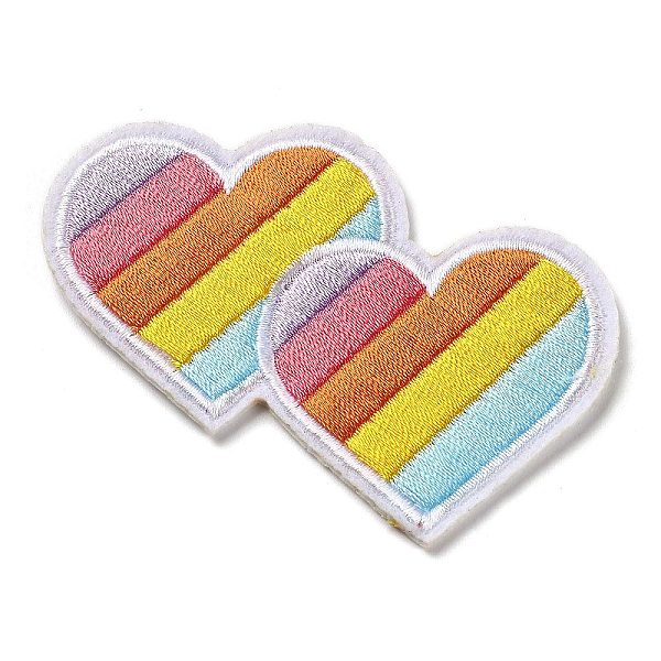 PandaHall Double Heart with Rainbow Stripe Appliques, Computerized Embroidery Cloth Iron on/Sew on Patches, Costume Accessories, Colorful...