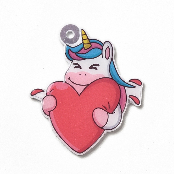 PandaHall Cartoon Opaque Acrylic Pendants, Heart Unicorns Charm, Colorful, 42x36x2mm, Hole: 2.5mm Acrylic Unicorn
