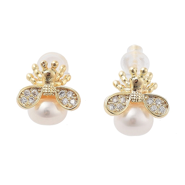 

PandaHall Natural Pearl Ear Studs, with Brass Micro Pave Cubic Zirconia Findings and 925 Sterling Silver Pins, Bees, Real 14K Gold Plated..., White