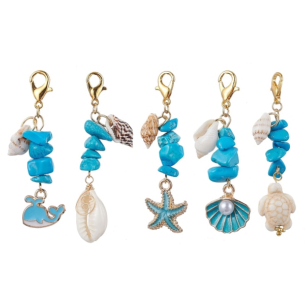 

PandaHall 5Pcs 5 Styles Alloy Enamel & Shell Pendant Decoraiton, Synthetic Turquoise Chip Beads and Alloy Lobster Claw Clasps Charm, Mixed...