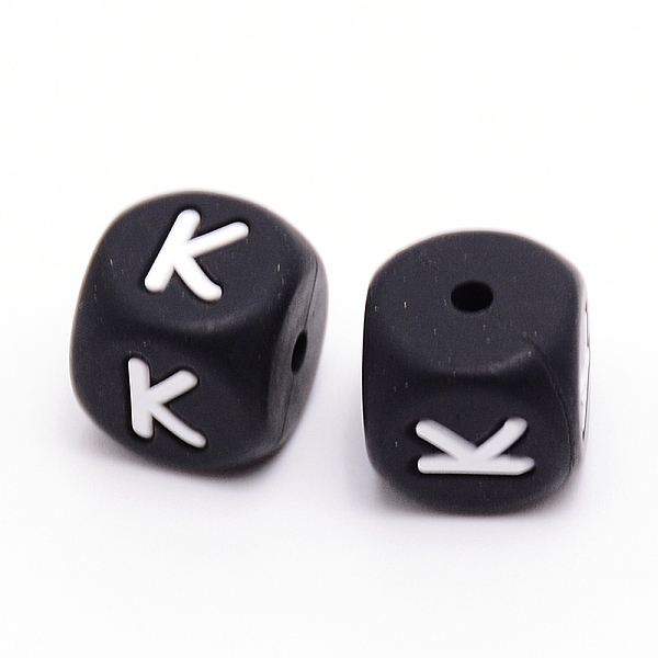 

PandaHall Silicone Beads, Cube with Letter.K, Black, 12x12x12mm, Hole: 2mm Silicone Cube Black
