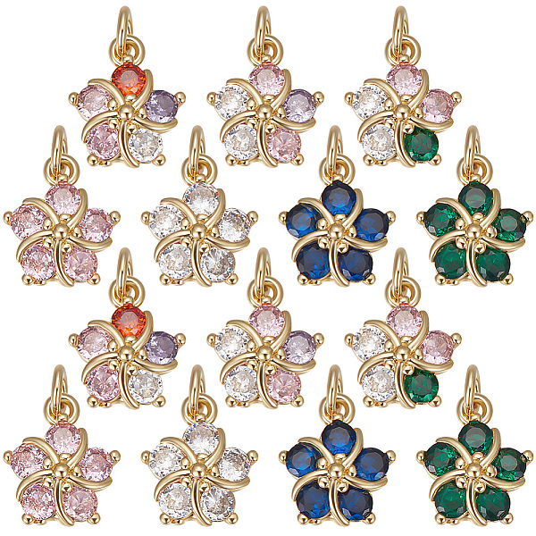 PandaHall Beebeecraft 15Pcs 5 Colors Brass Cubic Zirconia Pendants, with Jump Ring, Real 18K Gold Plated, Flower Charm, Mixed Color...