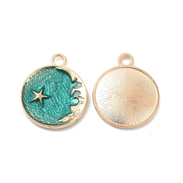 

PandaHall Alloy Enamel Pendants, Flat Round with Star & Moon Charm, Golden, Cyan, 25x21x2.3mm, Hole: 3mm Alloy+Enamel Moon Cyan