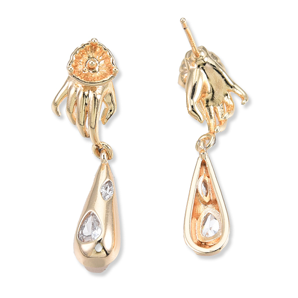 

PandaHall Brass Pave Clear Cubic Zirconia Hand with Teardrop Dangle Stud Earring Findings, for Half Drilled Beads, Cadmium Free & Nickel...