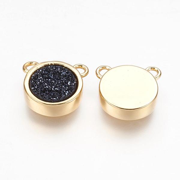 

PandaHall Natural Druzy Agate Pendants, with Real 18K Gold Plated Brass Findings, Flat Round, Dyed, Black, 11x11.5x3~3.5mm, Hole: 2mm...