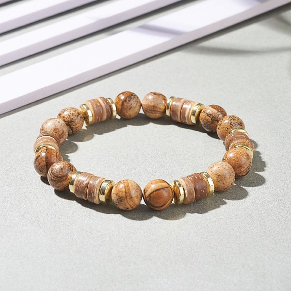 

PandaHall Natural Coconut & Picture Jasper Beaded Stretch Bracelet for Women, Inner Diameter: 2-3/8 inch(6cm) Picture Jasper