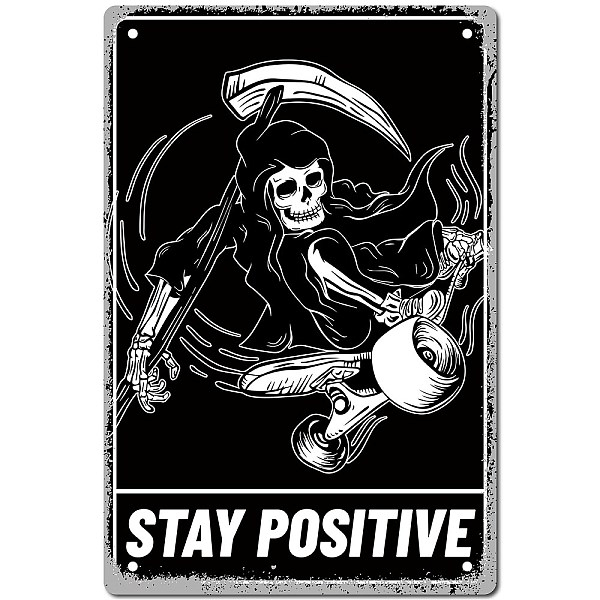 PandaHall Tinplate Sign Poster, Vertical, for Home Wall Decoration, Rectangle with Word Stay Positive, Skull Pattern, 300x200x0.5mm Iron...