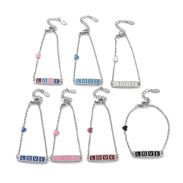 

PandaHall 201 Stainless Steel Heart & Rectangle with Word Love Link Bracelets, Enamel Style ID Bracelets for Women, Mixed Color, 6-1/2 inch..., Multicolor