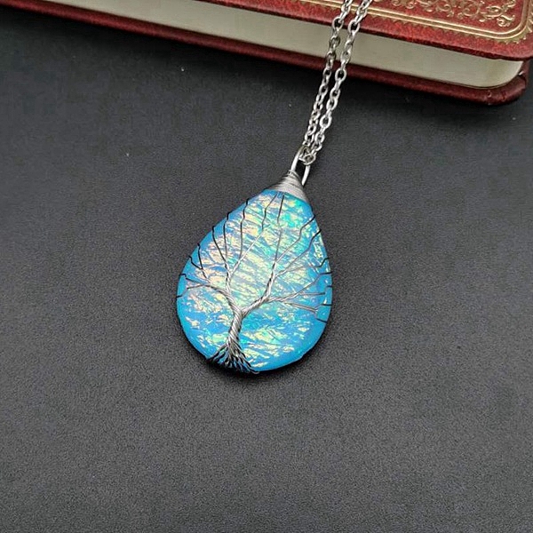 

PandaHall Teardrop with Tree Resin Pendant Necklace, Platinum Copper Wire Wrapped Necklace, Deep Sky Blue, 20.47 inch(52cm) Resin
