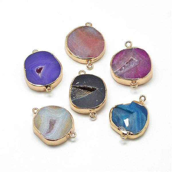 

PandaHall Natural Druzy Agate Links connectors, with Brass Findings, Dyed, Flat Round, Golden, Mixed Color, 36~38x27~30x6~8mm, Hole: 1.5~2mm..., Multicolor