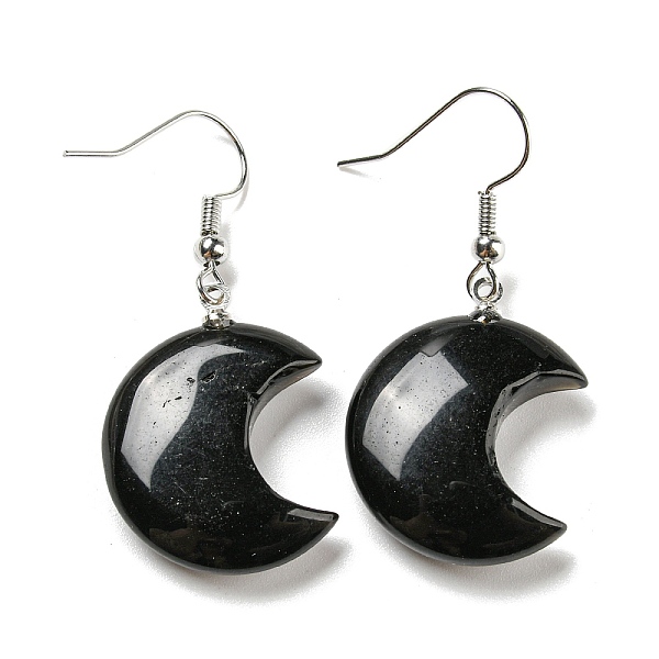 Natural Obsidian Crescent Moon Dangle Earrings