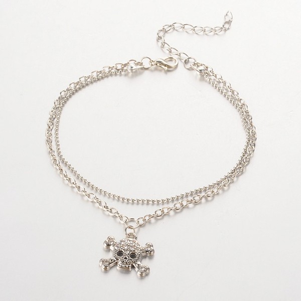 

PandaHall Skull and Crossbones Alloy Rhinestone Charm Multi-strand Anklets, with Iron Chains and Zinc Alloy Lobster Claw Clasps, Platinum...