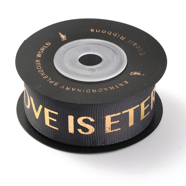 

PandaHall Polyester Grosgrain Ribbons, with Single Face Golden Hot Stamping, for DIY Gift Packing, Flower Packaging, Word Love is Eternal..., Gray