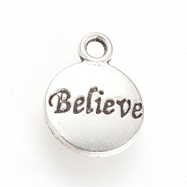 

PandaHall Tibetan Style Alloy Pendants, Flat Round with Believe, Cadmium Free & Lead Free, Antique Silver, 15.5x11.5x1.5mm, Hole: 2mm, about...