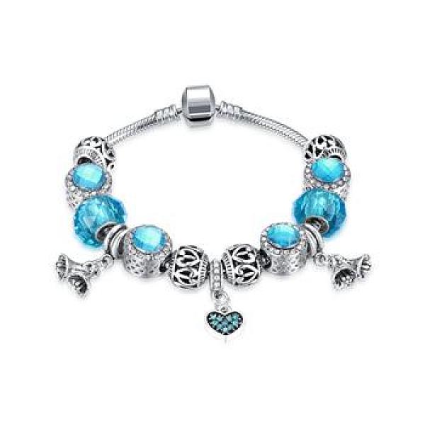 

PandaHall Zinc Alloy European Style Bracelets, with Rhinestone and Glass European Beads, Heart & Flower, Deep Sky Blue, Antique Silver...