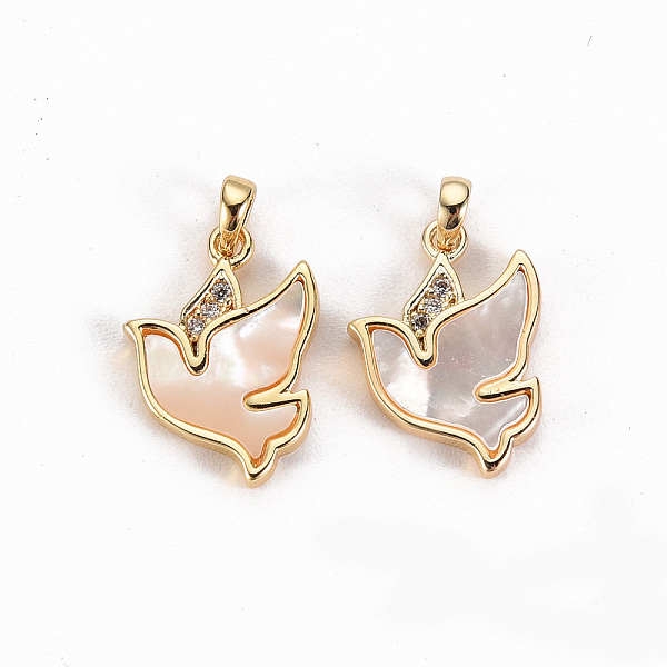 

PandaHall Brass Micro Pave Clear Cubic Zirconia Charms, with Natural Shell, Nickel Free, Pigeon, Real 18K Gold Plated, 14x10x2mm, Hole...