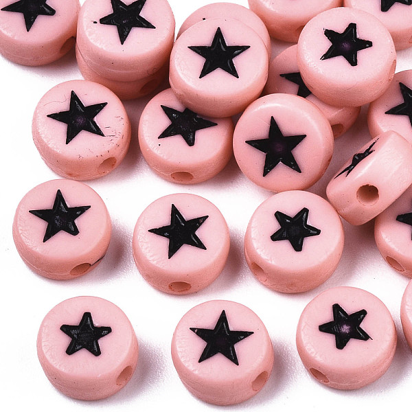 

PandaHall Opaque Acrylic Beads, with Enamel, Flat Round with Star, Pink, 7x4mm, Hole: 1.5mm, about 1216pcs/178g Acrylic Flat Round Pink