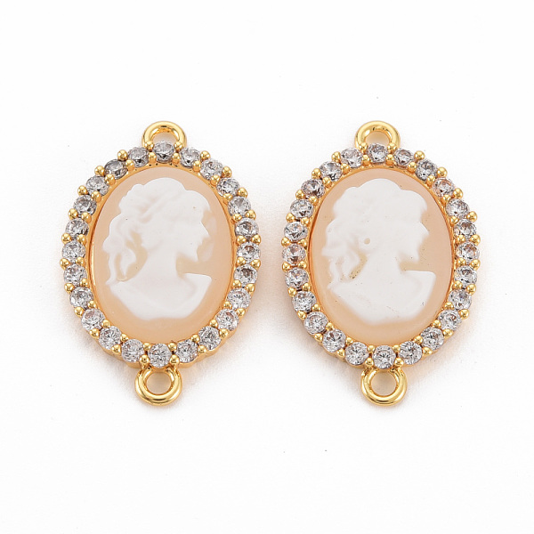 

PandaHall Brass Clear Cubic Zirconia Links Connectors, with Resin, Nickel Free, Oval with Woman, Real 18K Gold Plated, PeachPuff, 22x14x4mm..., Brown