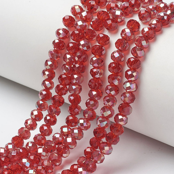 

PandaHall Electroplate Glass Beads Strands, Half Plated, Rainbow Plated, Faceted, Rondelle, FireBrick, 6x5mm, Hole: 1mm, about..., Red