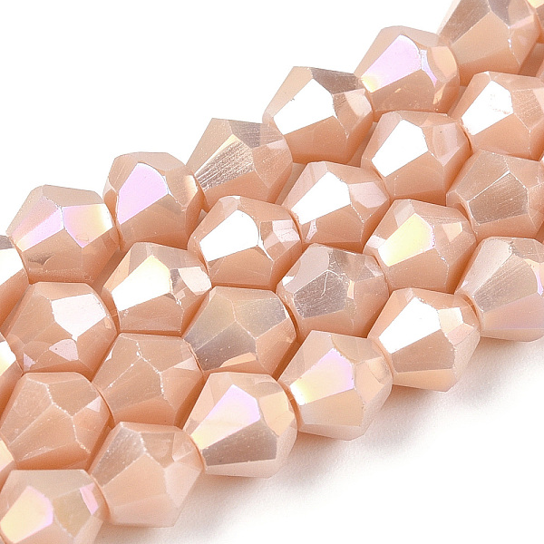 

PandaHall Opaque Solid Color Electroplate Glass Beads Strands, AB Color Plated, Faceted, Bicone, PeachPuff, 6x5.5mm, Hole: 1mm, about..., Brown