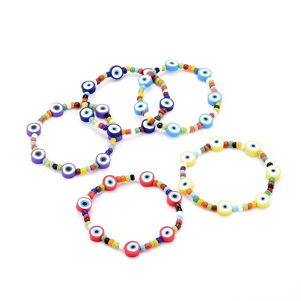 

PandaHall Evil Eye Stretch Bracelets, with Glass Seed & Round Polymer Clay Beads, Mixed Color, Inner Diameter: 2-1/8~2-1/4 inch(5.3~5.8cm)..., Multicolor