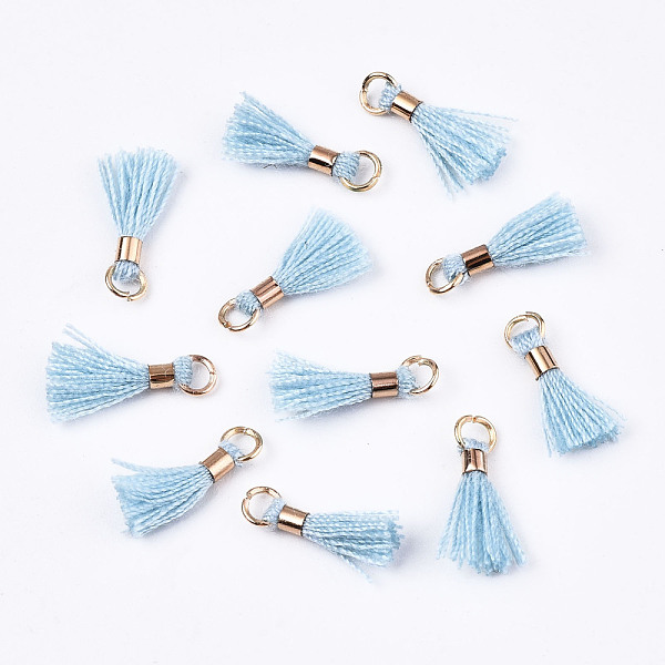 

PandaHall Polycotton(Polyester Cotton) Tassel Pendant Decorations, with Unwelded Iron Jump Rings, Golden, Light Sky Blue, Golden, 10x2mm..., Cyan