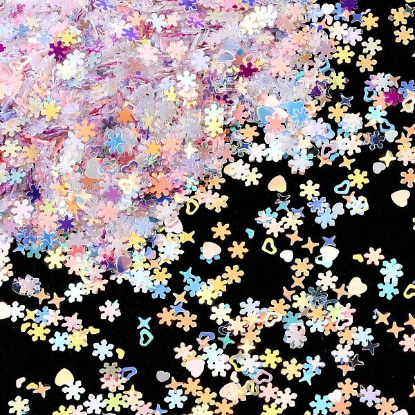 

PandaHall Plastic Sequins Beads, Golden Sheen, Sewing Craft Decoration, Snowflake/Heart/Star, Mixed Color, 2.8~4.5x3~5x0.1~0.2mm, about..., Multicolor
