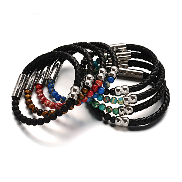 

PandaHall Leather Cord Bracelets, with Gemstone Beads & 304 Stainless Steel Magnetic Clasps, Natural & Synthetic Mixed Stone, 51x63mm Mixed...