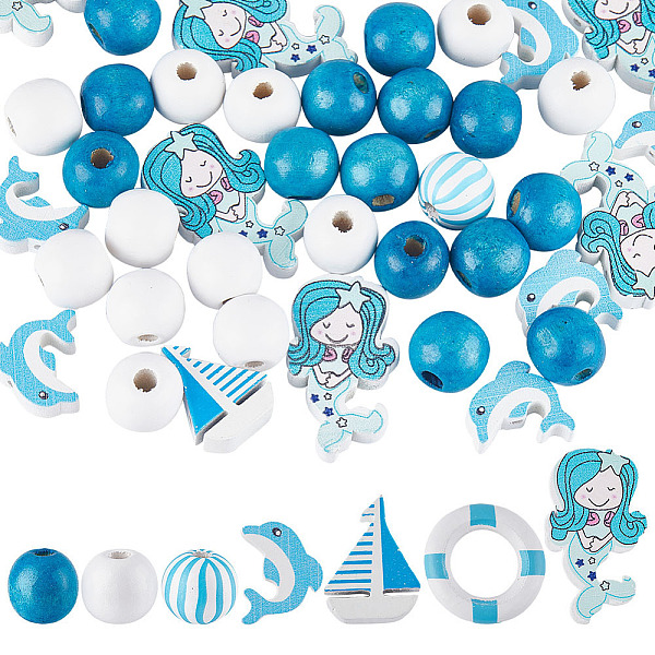 

PandaHall SUNNYCLUE 7 Styles 100PCS 16mm Nautical Wooden Beads Beach Wood Beads Ocean Themed Blue White Dolphin Mermaid Round Spacer..., Multicolor