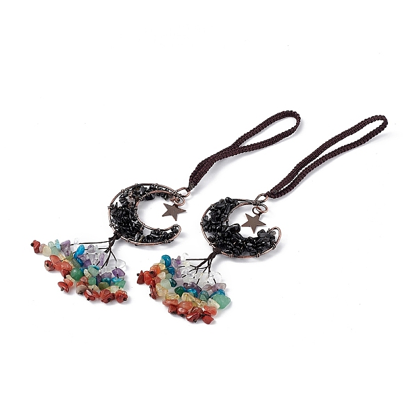 

PandaHall Natural Black Agate Moon with Mixed Gemstone Chips Tassel Pendant Decorations, with Rack Plating Red Copper Plated Brass Findings...