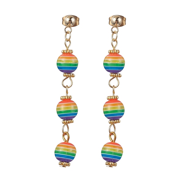 

PandaHall Resin Stripe Beaded Dangle Stud Earrings, 304 Stainless Steel Long Drop Earrings, Colorful, 53x8mm Resin Round