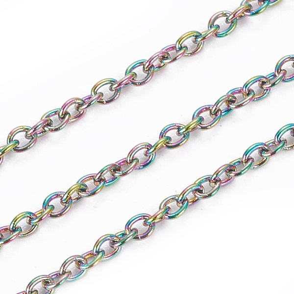 

PandaHall Ion Plating(IP) 304 Stainless Steel Cable Chains, with Spool, Soldered, Oval, Rainbow Color, 1.5x1.5x0.5mm, about 32.8 Feet...