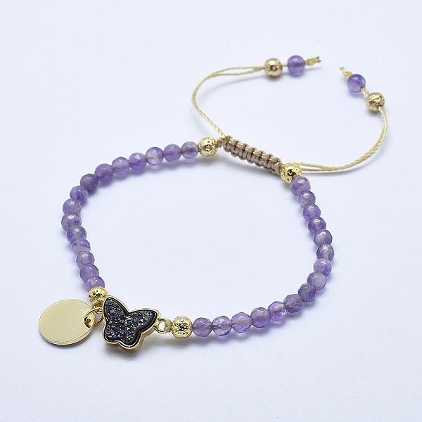 

PandaHall Natural Amethyst Braided Bead Bracelets, with Electroplated Natural Lava Rock Beads, Druzy Crystal, Nylon Cord and Brass Findings...